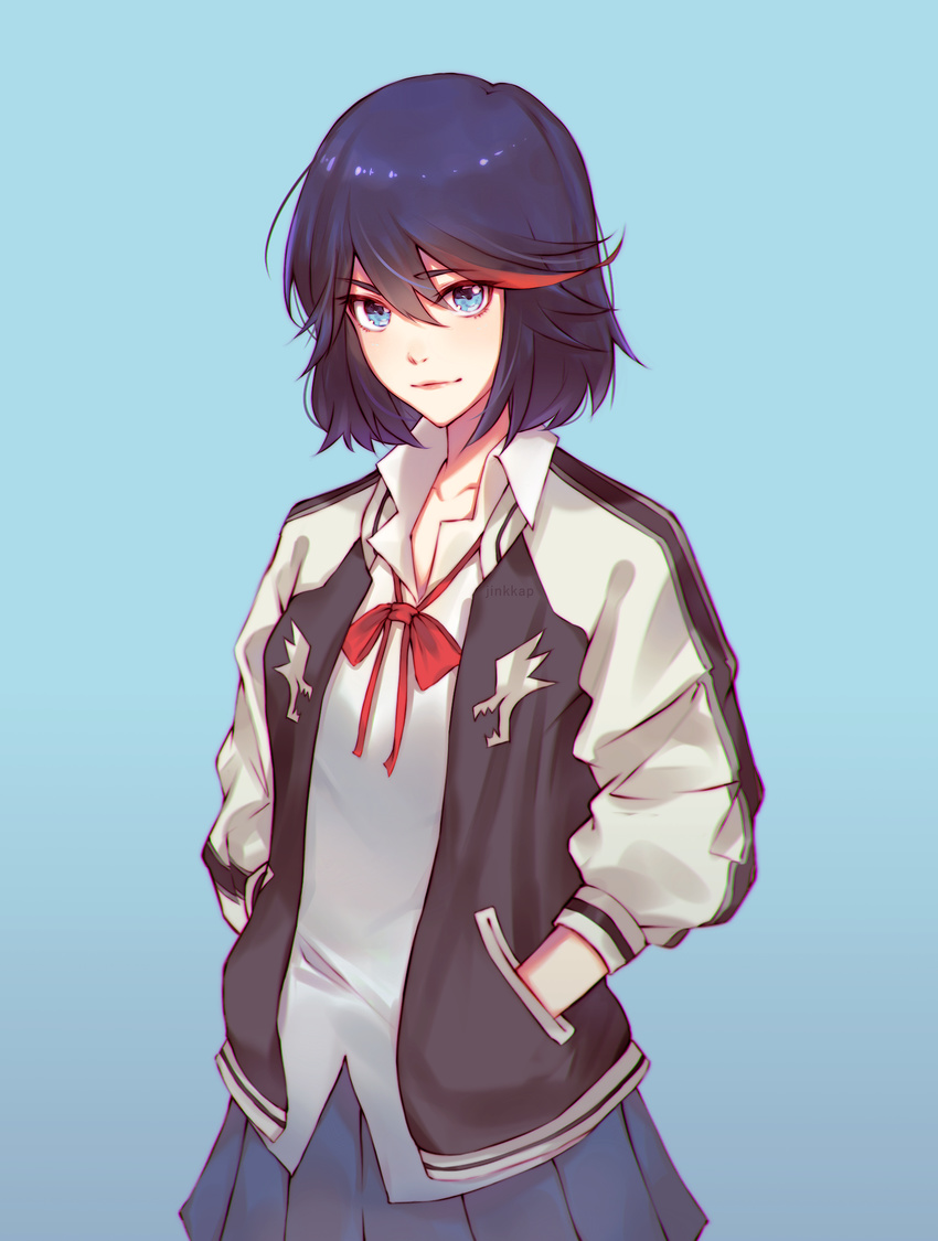 black_hair blue_background blue_eyes blue_skirt bow bowtie closed_mouth collared_shirt commentary female hair_between_eyes hands_in_pockets highres jacket jinkkap kill_la_kill letterman_jacket matoi_ryuuko multicolored_hair neck_ribbon pleated_skirt red_bow red_bowtie red_hair red_ribbon ribbon shirt short_hair simple_background skirt solo standing two-tone_hair wing_collar