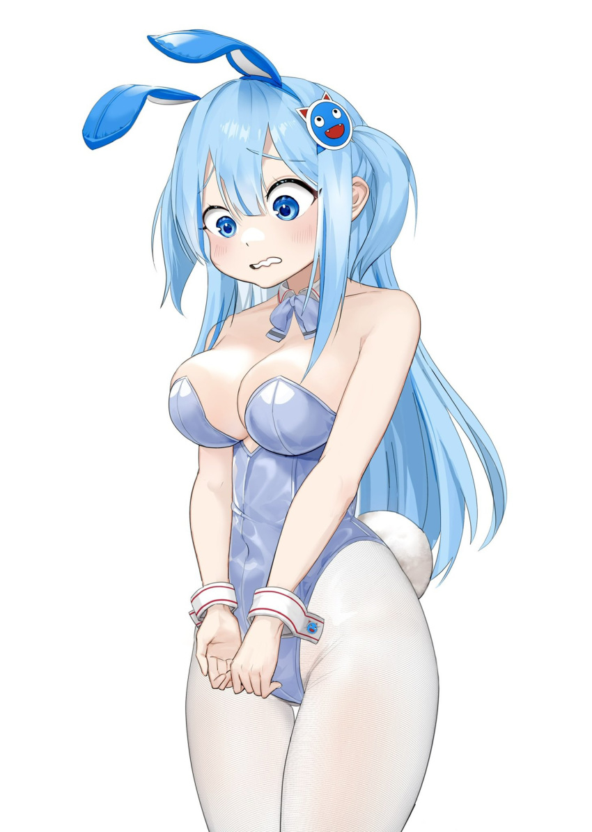 animal_ears bare_shoulders blue_eyes blue_hair blue_leotard blush breasts cleavage detached_collar fake_animal_ears female goddess_of_victory:_nikke hair_ornament highres korean_commentary leotard long_hair looking_down oung69 pantyhose parted_lips playboy_bunny rabbit_ears rabbit_tail shifty_(nikke) simple_background sleeves_past_wrists solo strapless strapless_leotard tail two_side_up white_background white_pantyhose