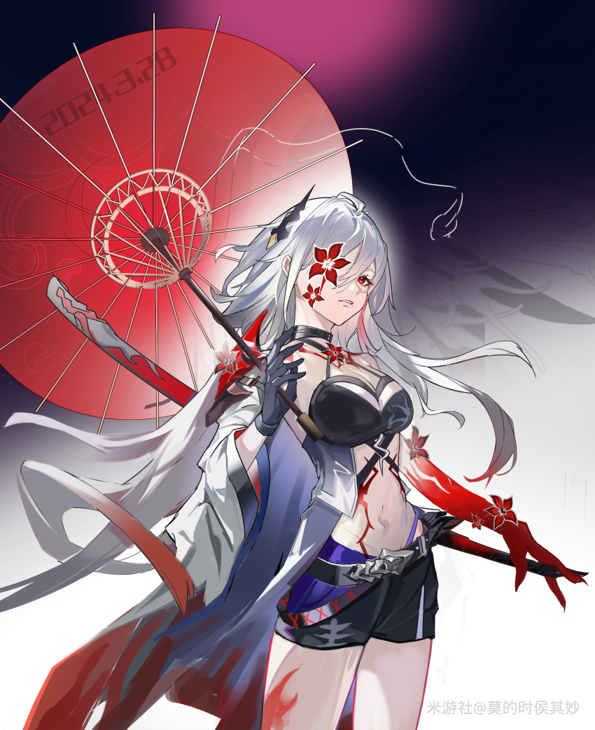 absurdres acheron_(honkai:_star_rail) black_choker black_coat black_gloves black_shorts body_markings breasts chains choker cleavage coat coattails colored_extremities commentary_request detached_sleeves female flower flower_over_eye gloves hair_over_one_eye highres holding holding_umbrella honkai:_star_rail honkai_(series) long_hair midriff miyoushe_watermark mo_de_shi_hou_qi_miao navel official_alternate_color oil-paper_umbrella red_eyes red_flower red_hands red_umbrella scabbard sheath sheathed short_shorts shorts single_bare_shoulder solo stomach sword umbrella weapon white_hair