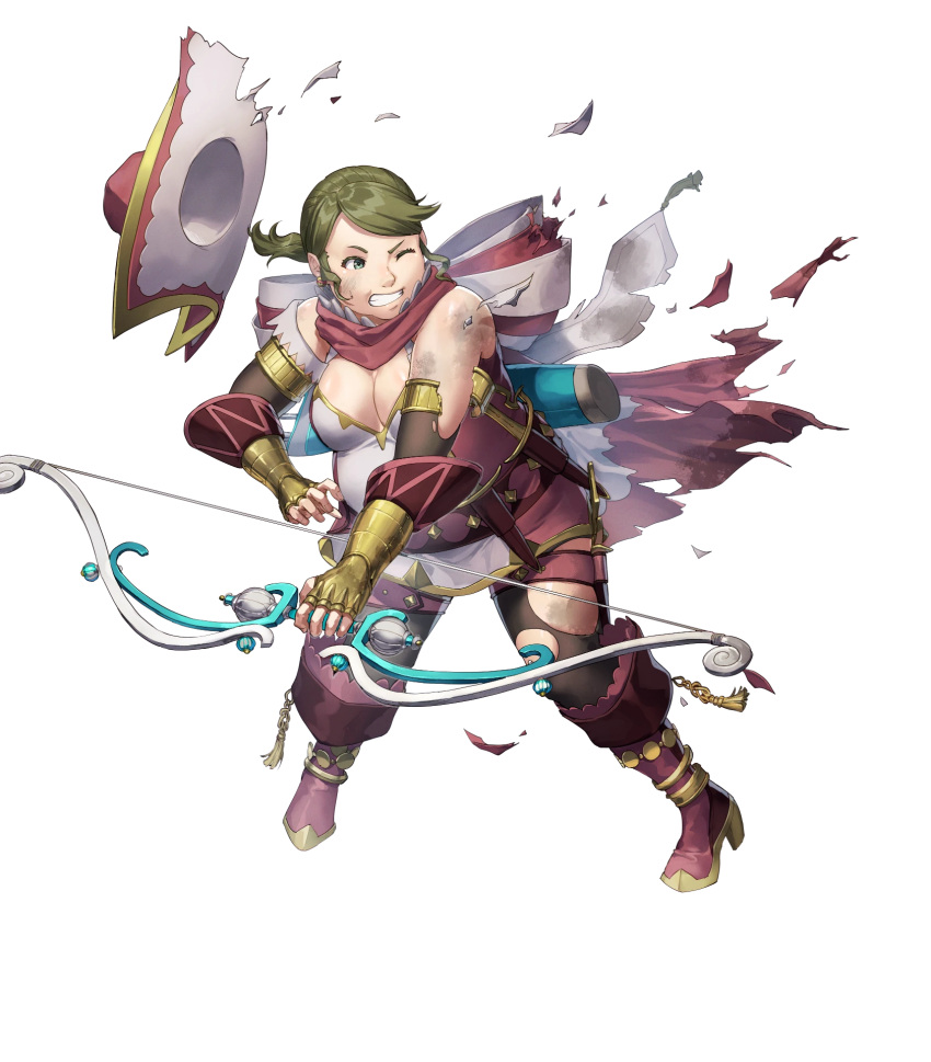 bare_shoulders belt boots bow_(weapon) breasts brown_hair brown_pantyhose candace_(fire_emblem) cape cleavage clenched_teeth dagger dai-xt damaged earrings female fire_emblem fire_emblem_fates fire_emblem_heroes hat high_heel_boots high_heels highres holding holding_bow_(weapon) holding_weapon jewelry knife large_hat medium_breasts non-web_source official_art one_eye_closed pantyhose pink_cape plump ponytail quiver rope scarf solo teeth thigh_strap torn_cape torn_clothes torn_pantyhose transparent_background two-tone_cape unworn_hat unworn_headwear weapon white_cape