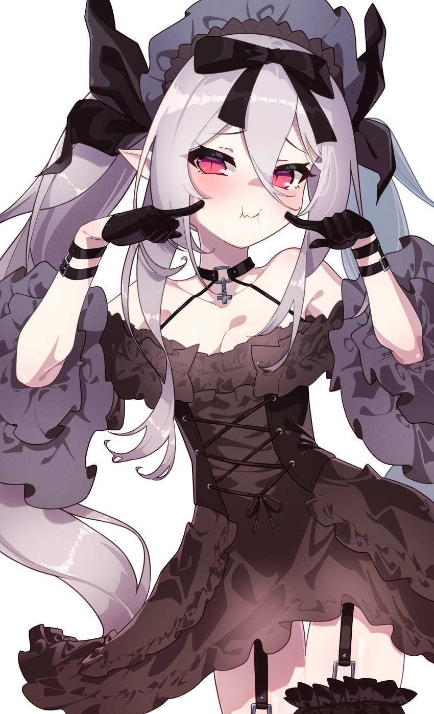 absurdres azur_lane bare_shoulders black_bow black_corset black_dress black_gloves black_ribbon black_thighhighs blush bow breasts choker cleavage collarbone commentary contrapposto corset cross dress embarrassed female finger_to_cheek frilled_dress frills garter_straps gloves grey_hair hair_between_eyes hair_ribbon hairbow halterneck head_tilt headdress highres inverted_cross long_hair looking_at_viewer marimo_daifuku o-ring o-ring_choker pointy_ears pout red_eyes ribbon simple_background slit_pupils small_breasts solo standing thigh_gap thighhighs twintails vampire_(azur_lane) vampire_(meta)_(azur_lane) very_long_hair white_background wrist_straps