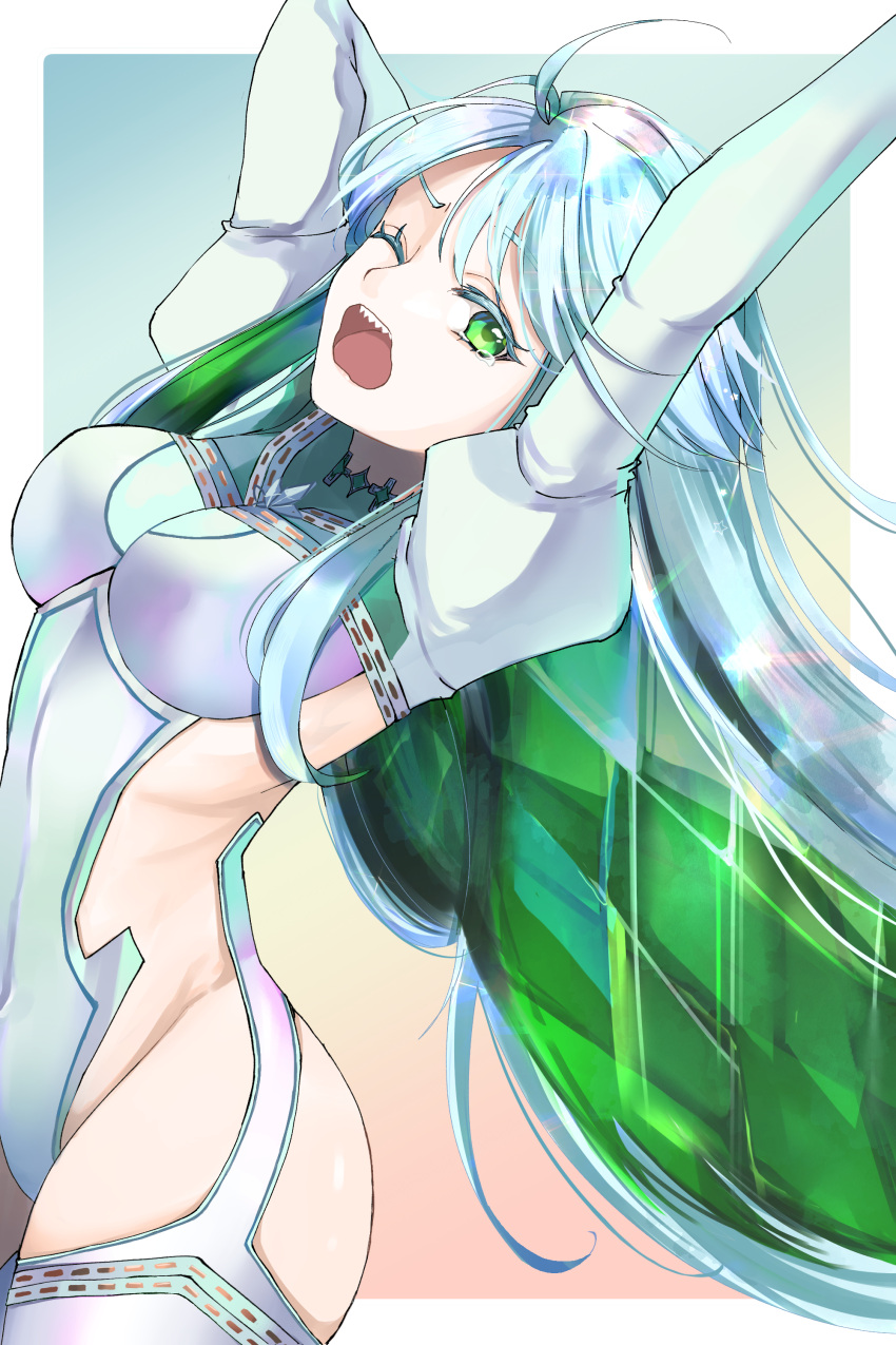 absurdres ahoge blue_hair breasts colored_inner_hair commentary_request crystal_hair fate/grand_order fate_(series) female gradient_background green_eyes green_hair highres kate_(shootingstar) kukulkan_(fate) kukulkan_(second_ascension)_(fate) light_blue_hair long_hair medium_breasts multicolored_hair one_eye_closed open_clothes partial_commentary sideless_outfit simple_background solo upper_body very_long_hair yawning