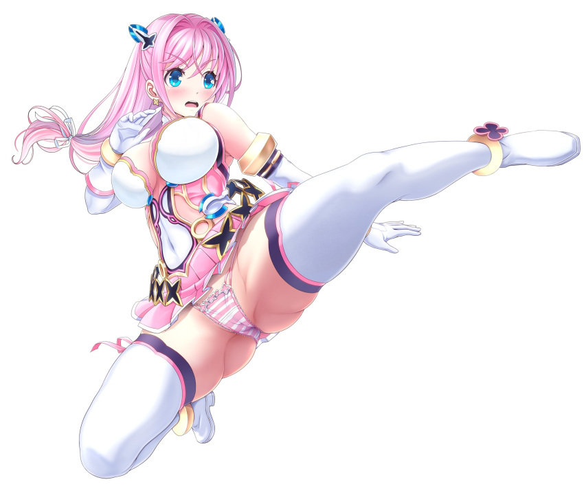 aigan_tenshi_cheery_pink blue_eyes boots breasts cheery_pink elbow_gloves female gloves highres large_breasts long_hair low-tied_long_hair magical_girl miniskirt panties pink_hair pink_panties pink_skirt pleated_skirt simple_background skirt solo striped_clothes striped_panties thigh_boots thighhighs underwear v-mag white_background white_footwear white_gloves