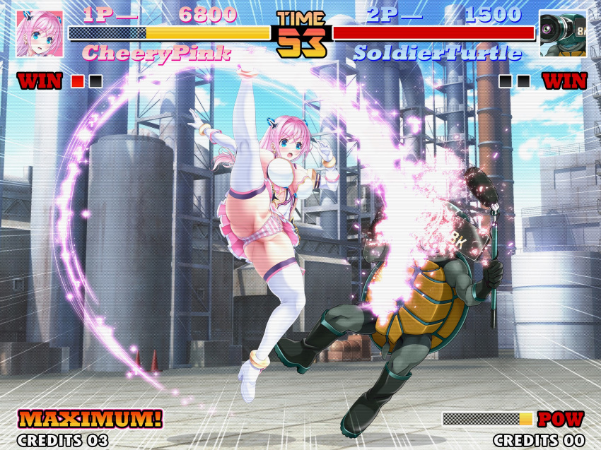 1boy aigan_tenshi_cheery_pink blue_eyes boots breasts cheery_pink day elbow_gloves fake_screenshot female fighting_game genocide_cutter gloves health_bar highres jumping kicking large_breasts long_hair low-tied_long_hair magical_girl miniskirt monster_boy outdoors panties pink_hair pink_panties pink_skirt pleated_skirt rugal_bernstein skirt striped_clothes striped_panties the_king_of_fighters thigh_boots thighhighs turtle underwear user_interface v-mag white_footwear white_gloves