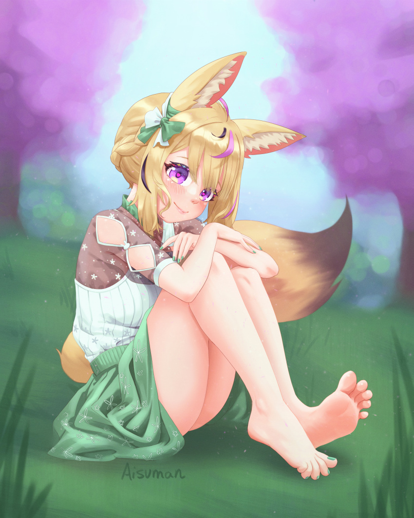 absurdres ahoge aisuman alternate_costume animal_ear_fluff animal_ears barefoot blonde_hair blurry blurry_background blush bow braid commentary depth_of_field english_commentary eyelashes feet female fox_ears fox_girl fox_tail full_body grass green_nails green_skirt hair_ribbon hairbow head_tilt highres hololive knees_to_chest legs looking_at_viewer medium_hair multicolored_hair nail_polish official_alternate_costume official_alternate_hair_length official_alternate_hairstyle omaru_polka omaru_polka_(street_casual) outdoors pink_hair purple_eyes purple_hair ribbon see-through see-through_sleeves shiny_skin short_hair_with_long_locks short_sleeves sidelocks signature sitting skirt smile soles solo spread_toes streaked_hair tail tank_top thighs toenail_polish toenails toes tree virtual_youtuber