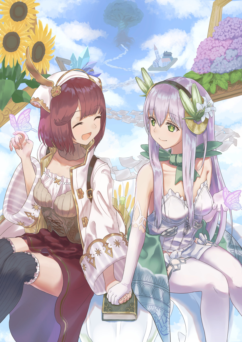 2girls :d absurdres atelier_(series) atelier_lydie_&_suelle atyao-299 bare_shoulders breasts bug butterfly closed_eyes closed_mouth cloud coat day dress flower gloves green_eyes hair_flower hair_ornament head_scarf highres long_hair long_sleeves looking_at_another medium_breasts multiple_girls open_mouth outdoors paper plachta red_hair red_skirt short_hair sitting skirt sky smile sophie_neuenmuller sunflower thighhighs very_long_hair white_gloves white_headwear white_thighhighs