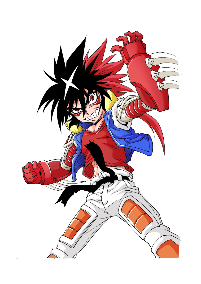 1990s_(style) 1boy absurdres apocrypha_getter_robo_darkness arm_blade arm_up belt black_belt black_hair clenched_hand cosplay demi_(pixiv22036971) facial_mark fur_trim getter-1_(getter_darkness) getter-1_(getter_darkness)_(cosplay) getter_robo gloves hair_between_eyes hatching_(texture) highres long_hair male_focus mecha_danshi pectorals ponytail red_eyes red_gloves red_hair retro_artstyle ryo_(getter_darkness) simple_background smile solo spiked_hair teeth torn torn_clothes vambraces weapon white_background