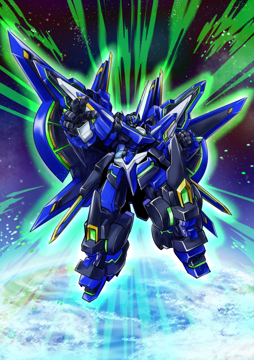 clenched_hands earth_(planet) geminion_ray highres horns mecha mechanical_wings no_humans orange_eyes planet robot science_fiction single_horn solo space super_robot super_robot_wars super_robot_wars_z super_robot_wars_z3 wings yuzupapa