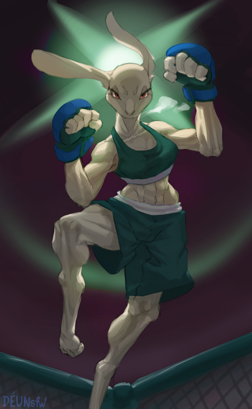 2022 5_fingers abs absurd_res angry anthro artist_name blue_boxing_gloves blue_clothing blue_handwear bottomwear boxing_gloves breath breathing clothed clothing colored deu digital_media_(artwork) exposure_variation eyebrows eyelashes feet female fighting_pose fighting_ring fingers front_view fur green_bottomwear green_clothing green_topwear handwear hi_res lagomorph leporid light lighting looking_at_viewer low-angle_view mammal muscular muscular_anthro muscular_female muscular_thighs pose rabbit rabbit_ears red_eyes solo text topwear white_body white_fur white_sclera