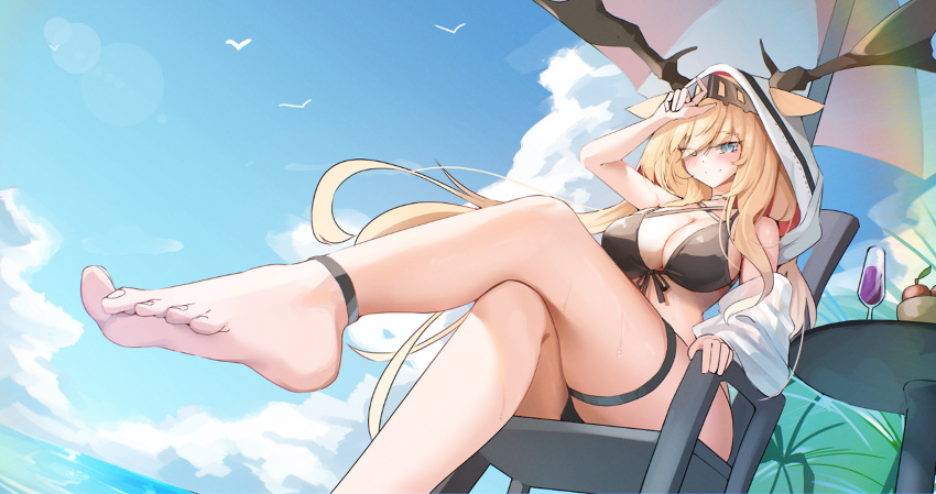 absurdres animal_ears antlers antlers_through_headwear antlers_through_hood arknights barefoot bikini black_bikini blue_sky breasts chair cloud crossed_legs deer_antlers deer_ears deer_girl drink ears_through_hood feet female foot_out_of_frame hat_on_antlers hell.k highres horns large_breasts legs outdoors sky smile soles sweat swimsuit thigh_strap toenails toes viviana_(arknights)