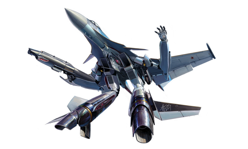 2017 anti-u.n. canards dated energy_cannon gerwalk gunpod highres jeffholy machinery macross macross_zero mecha no_humans nose_art original realistic redesign reverse-jointed_legs robot roundel russian_air_force science_fiction shark_print signature simple_background solo su-33 teeth variable_fighter