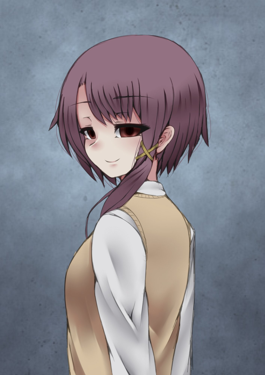 asymmetrical_hair breasts brown_eyes brown_hair closed_mouth commentary empty_eyes female hair_ornament hairclip highres iwakura_lain kiramashi_(satsujinki) looking_at_viewer school_uniform serial_experiments_lain short_hair simple_background smile solo x_hair_ornament