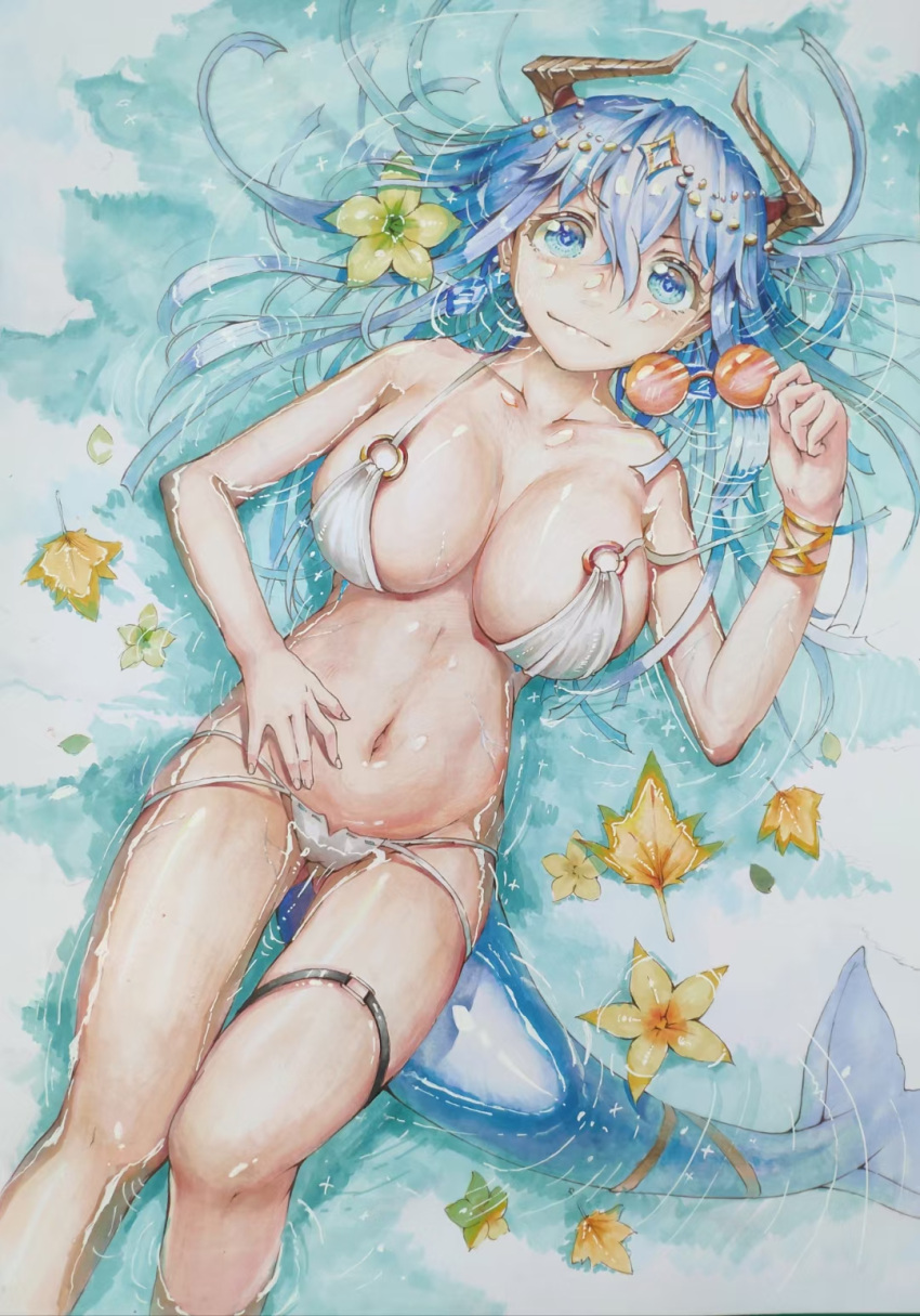 bikini blue_eyes blue_hair breasts female flower highres horns hyunami large_breasts leaf long_hair looking_at_viewer navel original smile solo swimsuit tail water white_bikini