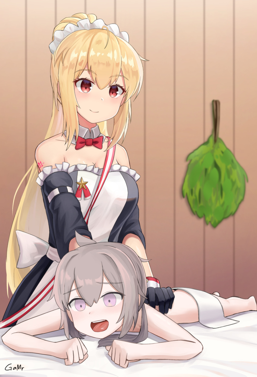 2girls ? artist_name bare_shoulders blonde_hair blush bow bowtie closed_mouth commentary detached_collar english_commentary gamryous girls'_frontline gloves grey_hair highres indoors long_hair lying m200_(girls'_frontline) massage multiple_girls on_stomach open_mouth ponytail purple_eyes red_bow red_bowtie red_eyes smile sv-98_(girls'_frontline) sv-98_(waitress)_(girls'_frontline) vihta waitress