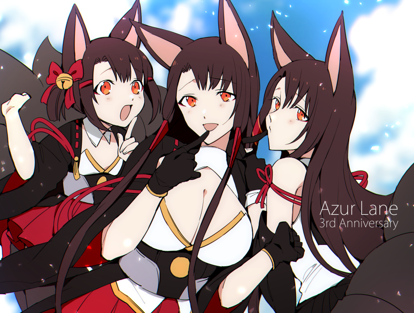 3girls aged_down akagi-chan_(azur_lane) akagi_(azur_lane) akagi_(muse)_(azur_lane) animal_ears anniversary azur_lane bare_shoulders bell black_gloves blush breasts brown_hair cleavage commentary_request detached_sleeves flat_chest fox_ears fox_girl fox_tail gloves hair_bell hair_ornament highres japanese_clothes large_breasts long_hair looking_at_viewer multiple_girls multiple_persona multiple_tails open_mouth orange_eyes shirt short_hair sidelocks smile suzuki-san_(szk3tv) tail thighhighs twintails very_long_hair white_shirt wide_sleeves