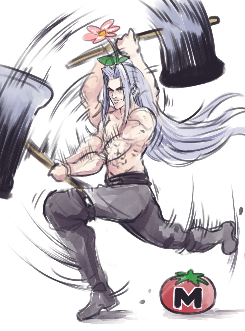 1boy absurdres black_pants damenano104 donkey_kong_(series) final_fantasy final_fantasy_vii flower flower_on_head food gameplay_mechanics grey_hair hammer highres holding holding_hammer kirby_(series) long_hair male_focus maxim_tomato motion_blur motion_lines muscular muscular_male pants power-up sephiroth simple_background smile solo super_smash_bros. tomato topless_male white_background