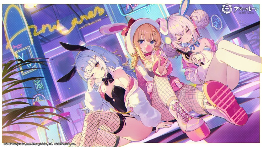 3girls alternate_costume animal_ear_headwear animal_ears azur_lane belt_collar black_leotard blowing_bubbles boots bottle chewing_gum closed_eyes collar detached_collar double_bun dutch_angle fake_animal_ears fishnet_pantyhose fishnet_thighhighs fishnets fur_jacket hair_bun holding holding_bottle hood hoodie jacket laffey_(azur_lane) leotard long_hair looking_at_viewer multiple_girls neon_lights nicholas_(azur_lane) official_art one_eye_closed pantyhose pink_footwear pink_hoodie platform_footwear playboy_bunny rabbit_ears second-party_source shnva shoe_soles sitting sleeping sleepy stephen_potter_(azur_lane) stephen_potter_(chillaxation_station)_(azur_lane) strapless strapless_leotard thighhighs white_jacket wine_bottle yellow_eyes