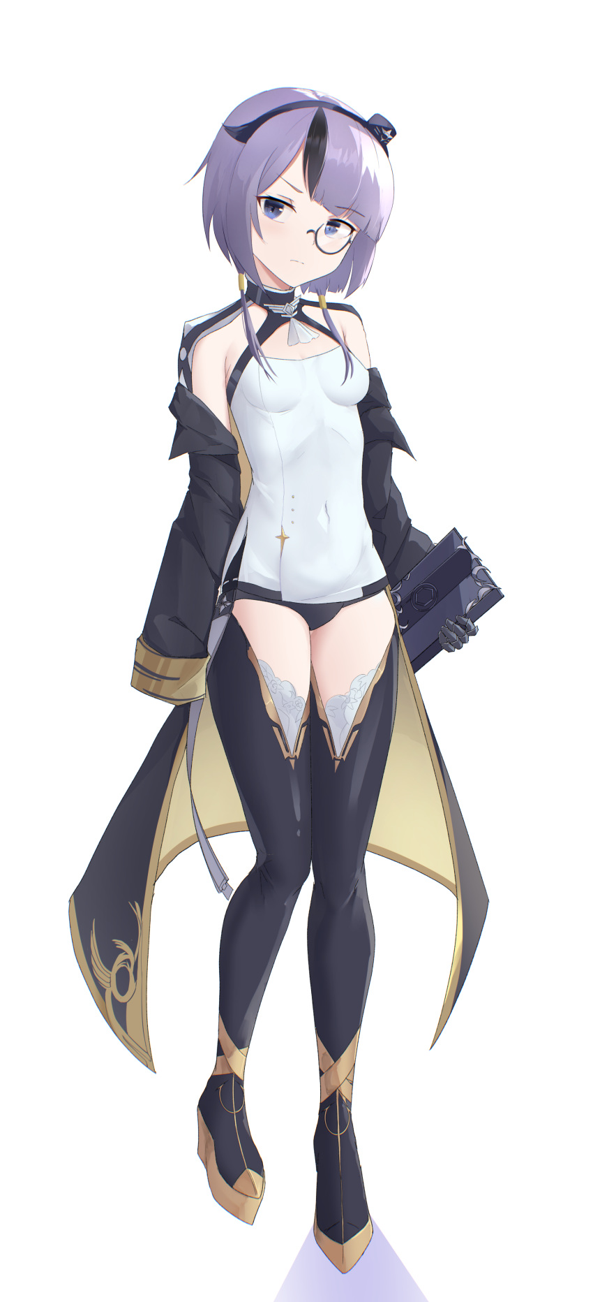 absurdres azur_lane bearn_(azur_lane) black_footwear black_hair blue_eyes blue_hair boots breasts closed_mouth covered_navel danraz0r female folder frown full_body gradient_background hairband hat head_tilt highres holding holding_folder jacket looking_at_viewer mini_hat monocle multicolored_hair off_shoulder parted_bangs short_hair sidelocks simple_background small_breasts solo standing streaked_hair thigh_boots thighhighs