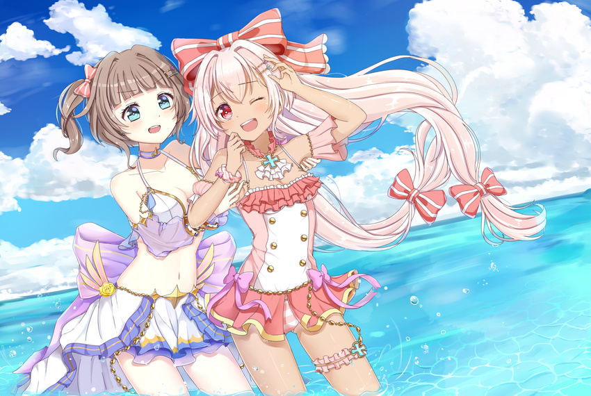 2girls bikini clouds ekuseria mireille_(shironeko_project) shironeko_project sunameri_(il-ustes) swimsuit water wink