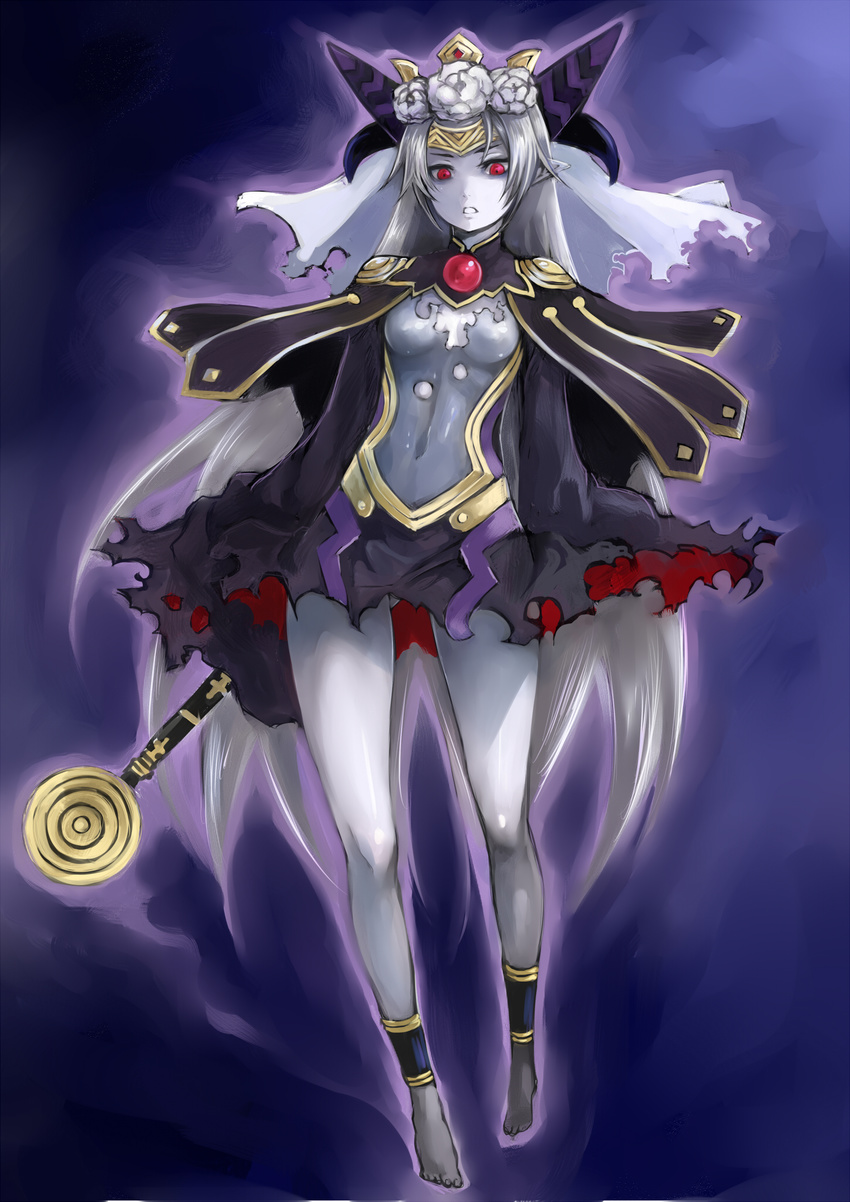 breasts cape commentary_request female full_body grey_hair highres johan_(johan13) long_hair pointy_ears red_eyes shinrabanshou small_breasts solo spikes staff tanatoria veil very_long_hair