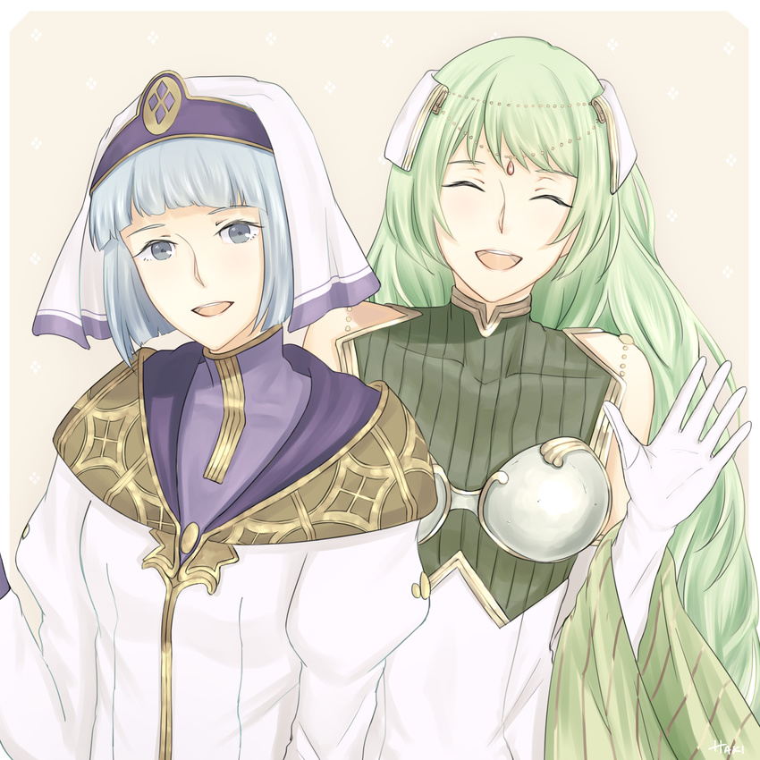 2girls absurdres armor bare_shoulders blue_eyes blue_hair breastplate circlet closed_eyes commentary_request fire_emblem fire_emblem_echoes:_shadows_of_valentia gloves green_hair hakirino highres long_hair multiple_girls open_mouth silque_(fire_emblem) tatiana_(fire_emblem) teeth veil