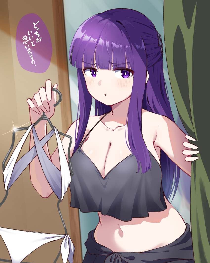 :o bare_shoulders blush breasts check_translation cleavage collarbone female fern_(sousou_no_frieren) fitting_room hair_ornament highres holding hyoe_(hachiechi) indoors large_breasts long_hair looking_at_viewer midriff navel purple_eyes purple_hair sarong sleeveless solo sousou_no_frieren swimsuit translation_request trying_on_clothes