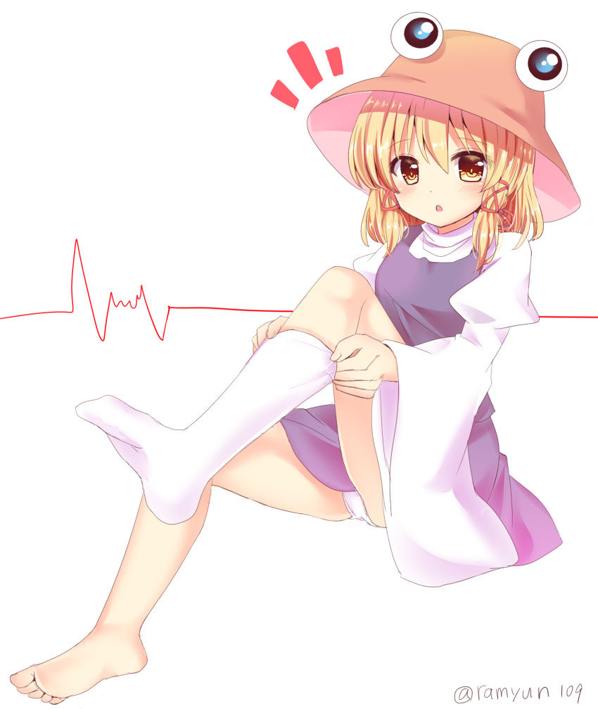 blonde_hair blush brown_hat cardiogram commentary_request dressing female full_body hair_between_eyes hair_ribbon hat highres invisible_chair kneehighs leg_up long_sleeves looking_at_viewer medium_hair moriya_suwako notice_lines one-hour_drawing_challenge open_mouth orange_ribbon panties purple_skirt purple_vest ramudia_(lamyun) ribbon shirt sidelocks simple_background single_bare_foot single_kneehigh single_sock sitting skirt socks soles solo toes touhou turtleneck turtleneck_shirt twitter_username underwear vest white_background white_panties white_shirt white_socks wide_sleeves yellow_eyes