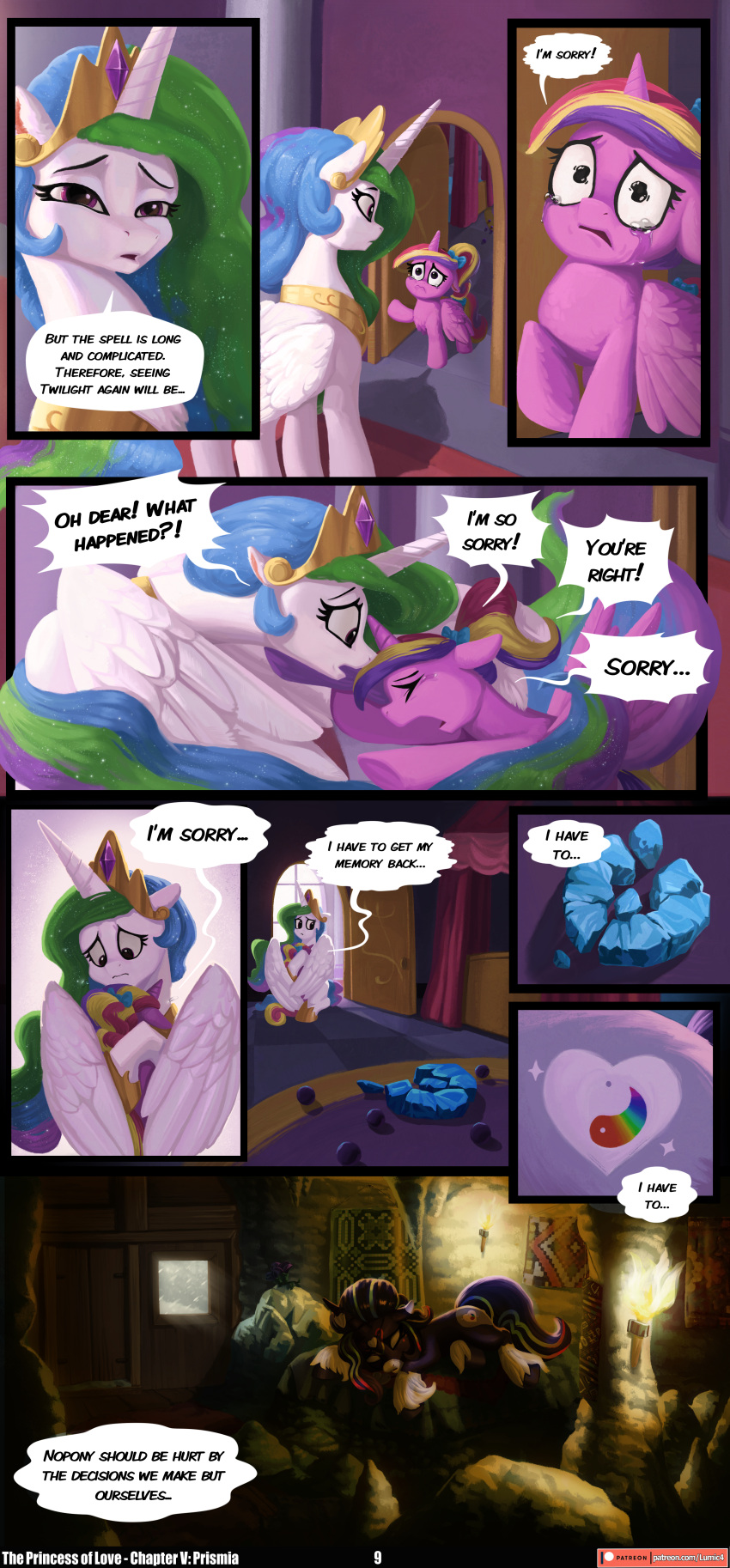 absurd_res alicorn angusdra apology bedroom bodily_fluids broken_heart chilllum comforting crown crying crystal cutie_mark dialogue door doorknob ears_up equid equine female feral friendship_is_magic frown group hair hasbro headgear hi_res horn hug mammal multicolored_hair multicolored_tail my_little_pony mythological_creature mythological_equine mythology narrowed_eyes open_door ponytail princess_cadance_(mlp) princess_celestia_(mlp) prismia_(chilllum) regalia sad sorry spread_wings tail tears torch trio unicorn wide_eyed wings