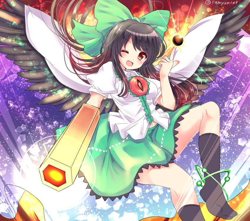 ;d arm_cannon arm_up black_hair black_socks black_wings blush bow cape collared_shirt commentary_request double_exposure female flying foot_out_of_frame green_bow green_skirt hairbow highres index_finger_raised kneehighs light_particles looking_at_viewer magic multicolored_hair navel one-hour_drawing_challenge one_eye_closed open_mouth orange_eyes print_cape puffy_short_sleeves puffy_sleeves ramudia_(lamyun) red_hair reiuji_utsuho shirt short_sleeves skirt smile socks solo streaked_hair third_eye third_eye_on_chest touhou twitter_username two-sided_cape two-sided_fabric weapon white_cape white_shirt wings