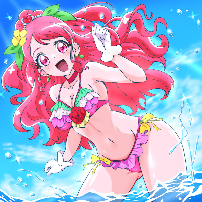 :d absurdres alternate_costume bare_legs bikini blue_sky bow breasts choker cleavage collarbone cure_grace day earrings female flower frilled_bikini frills gloves groin hair_flower hair_ornament hanadera_nodoka healin'_good_precure heart heart_hair_ornament highres jewelry long_hair looking_at_viewer manga_sakuga_(precure) medium_breasts navel open_mouth outdoors pink_bikini pink_hair ponytail precure red_choker red_eyes side-tie_bikini_bottom sky smile solo sparkle summer sunlight swimsuit very_long_hair wading white_gloves yellow_bow yellow_flower