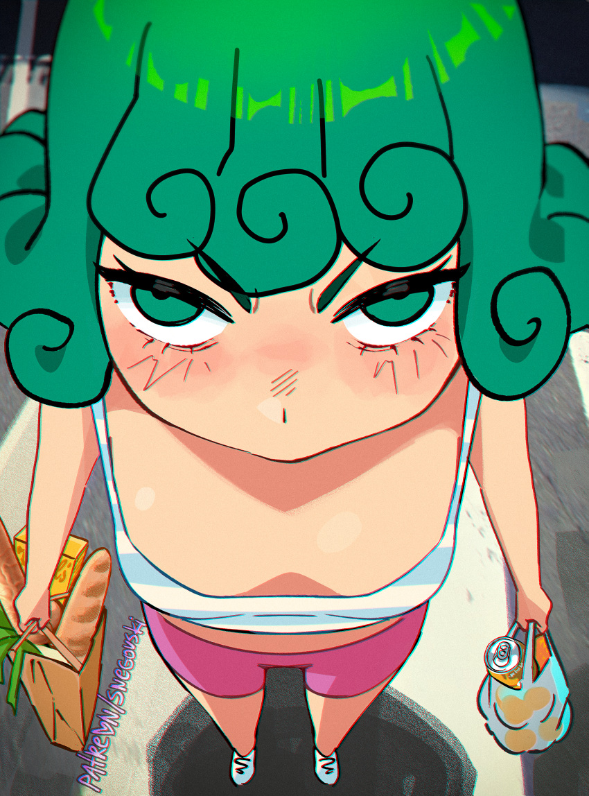 absurdres bag blue_tank_top bread breasts can english_commentary female female_pov food from_above green_eyes green_hair grocery_bag highres meme mixed-language_commentary one-punch_man pink_shorts pov shopping_bag shorts small_breasts snegovski solo spanish_commentary striped_tank_top tank_top tatsumaki white_tank_top