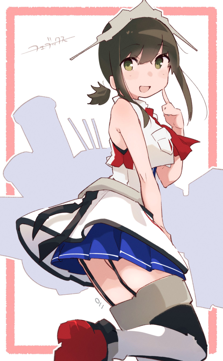 :d absurdres blue_skirt boots border brown_hair commentary_request cosplay detached_hair female fubuki_(kancolle) garter_straps green_eyes hair_between_eyes headgear highres jacket kantai_collection light_blush long_hair looking_at_viewer low_ponytail ma_rukan miniskirt open_mouth outline outside_border phoenix_(kancolle) phoenix_(kancolle)_(cosplay) pleated_skirt red_border rigging sidelocks signature skirt sleeveless sleeveless_jacket smile solo thigh_boots translation_request white_background white_jacket white_outline