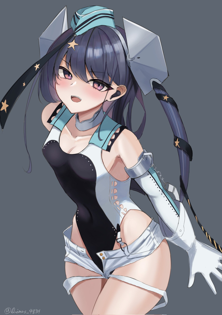 aqua_hat black_one-piece_swimsuit black_ribbon breasts competition_swimsuit cowboy_shot dimos_(dawn_1945) female garrison_cap gloves grey_background grey_hair hair_ornament hair_ribbon hat headgear highleg highleg_one-piece_swimsuit highres kantai_collection long_hair one-piece_swimsuit ribbon scamp_(kancolle) shorts side_ponytail small_breasts solo star_(symbol) star_hair_ornament swimsuit two-tone_one-piece_swimsuit white_gloves white_shorts