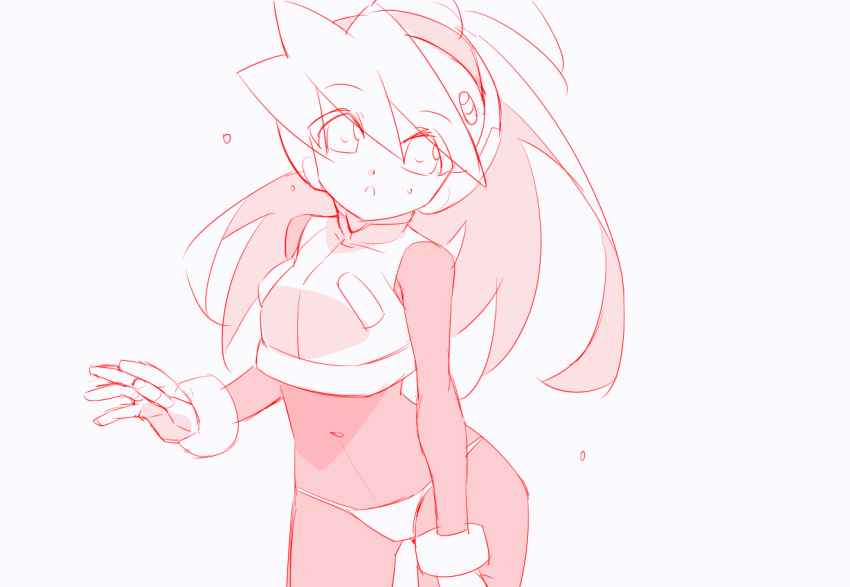 black_bodysuit bodysuit ciel_(mega_man) cropped_shirt female greyscale high_ponytail kaidou_zx long_hair mega_man_(series) mega_man_zero_(series) monochrome no_pants panties red_thighhighs simple_background solo thighhighs underwear white_background white_panties