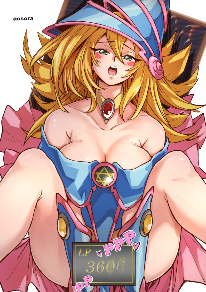 aosora2823 bare_shoulders blonde_hair blue_hat blush blush_stickers breasts choker cleavage dark_magician_girl duel_monster female green_eyes hair_between_eyes hat hexagram highres large_breasts life_points long_hair looking_at_viewer open_mouth pentacle sexually_suggestive solo thighs wizard_hat yu-gi-oh!