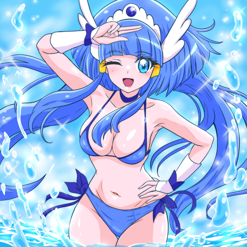 ;d absurdres alternate_costume aoki_reika arm_up arm_warmers armpits bikini blue_bikini blue_choker blue_eyes blue_hair blunt_bangs breasts choker cleavage collarbone cowboy_shot cure_beauty female floating_hair halterneck hand_on_own_hip highres long_hair looking_at_viewer manga_sakuga_(precure) medium_breasts navel one_eye_closed precure side-tie_bikini_bottom smile smile_precure solo splashing standing swimsuit thigh_gap twintails very_long_hair wading