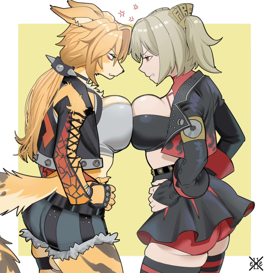 2girls akiman_pose animal_ear_fluff animal_nose ass blonde_hair breast_contest breast_press breasts burnice_white confrontation e11e eye_contact face-to-face furry furry_female green_eyes highres large_breasts long_hair looking_at_another multiple_girls pulchra_(zenless_zone_zero) red_eyes rivalry shorts snout symmetrical_docking tail zenless_zone_zero