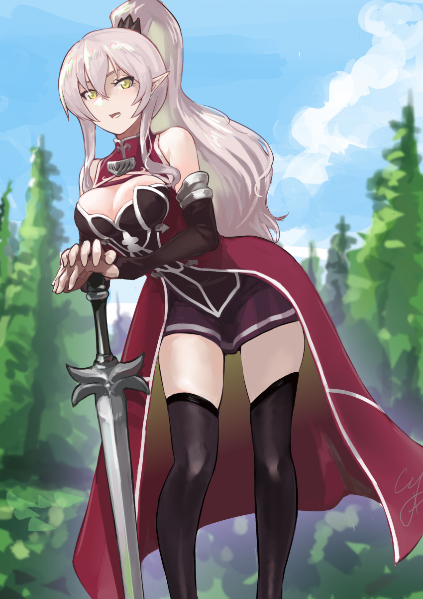 absurdres ariane_glenys_maple black_thighhighs breasts cleavage cleavage_cutout clothing_cutout cyk_(cyk451) detached_sleeves dress elf feet_out_of_frame female forest gaikotsu_kishi-sama_tadaima_isekai_e_o_dekake-chuu highres holding holding_sword holding_weapon large_breasts leaning_forward leaning_on_object long_hair looking_at_viewer nature own_hands_together pointy_ears ponytail red_dress signature skindentation solo sword thighhighs weapon white_hair yellow_eyes