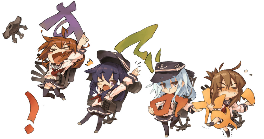 >_< 4girls akatsuki_(kancolle) black_hair blue_eyes blue_hair blush_stickers brown_eyes brown_hair closed_eyes commentary_request folded_ponytail hair_ornament hat hibiki_(kancolle) highres ikazuchi_(kancolle) inazuma_(kancolle) itsukia jumping kantai_collection long_hair multiple_girls nanodesu_(phrase) open_mouth panties pantyhose pantyshot pleated_skirt school_uniform serafuku skirt standing sweatdrop underwear white_panties