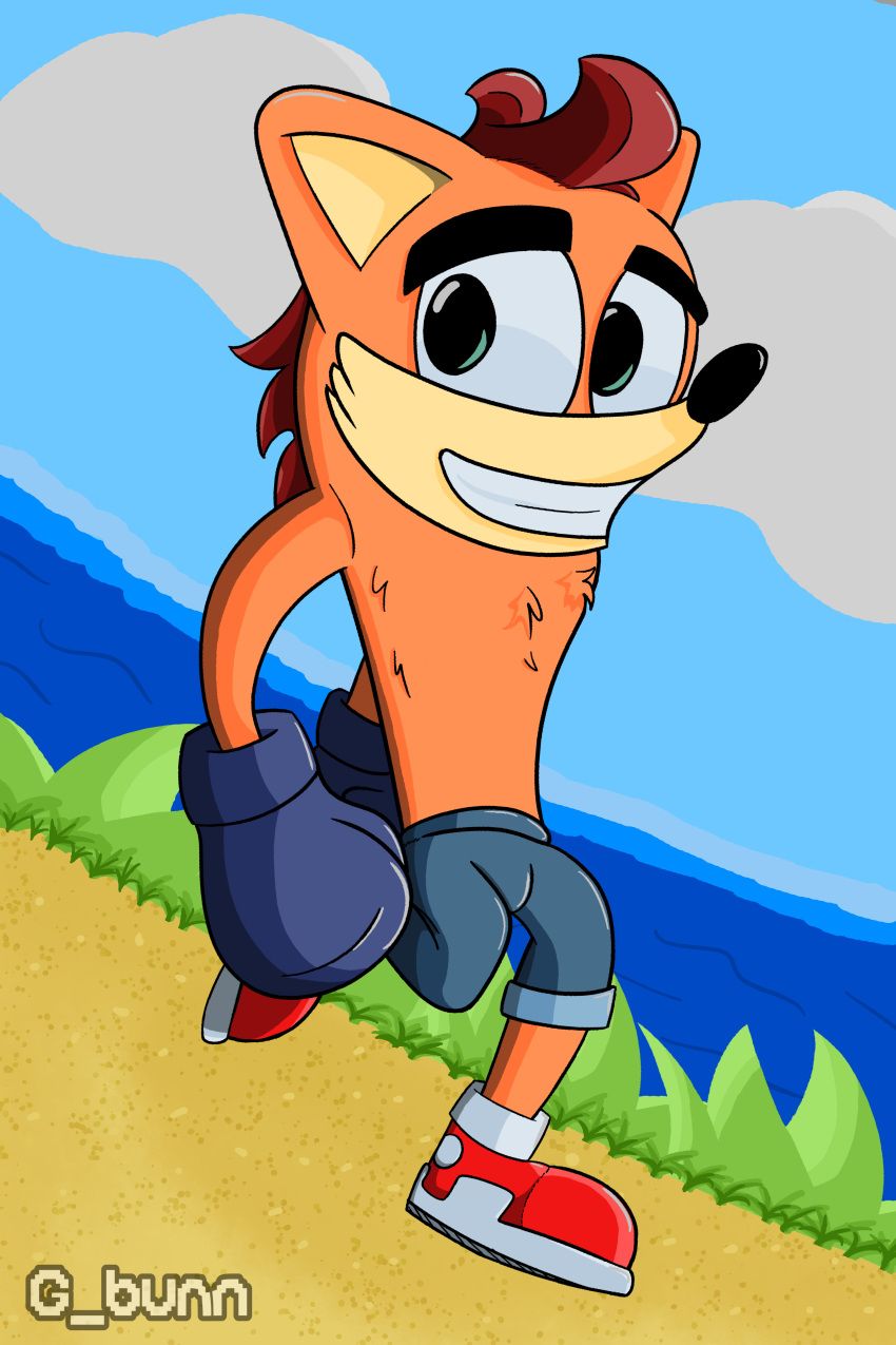 2:3 absurd_res activision anthro bandicoot beach blue_bottomwear blue_clothing blue_pants bottomwear boxing_gloves clash_of_the_titans clothing cloud crash_(series) crash_bandicoot eyebrows fur g_bunn gesture gloves green_eyes hand_gesture handwear hi_res male mammal marsupial nature nature_background orange_body orange_fur pants sky smile solo thumbs_up yellow_body yellow_fur