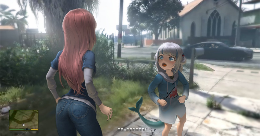 2girls arched_back ass black_nails blunt_bangs car clenched_hands cosplay denim fake_screenshot fins fish_tail franklin_clinton franklin_clinton_(cosplay) from_behind gawr_gura gawr_gura_(1st_costume) grand_theft_auto grand_theft_auto_v grass grey_hair highres hololive hololive_english hood hoodie infi jeans lamar_davis lamar_roasts_franklin_(meme) leaning_forward long_hair looking_up medium_hair meme minimap mori_calliope motor_vehicle multiple_girls open_mouth pants parody pink_hair scene_reference shark_tail sharp_teeth skeleton subtitled tail teeth tree two_side_up virtual_youtuber