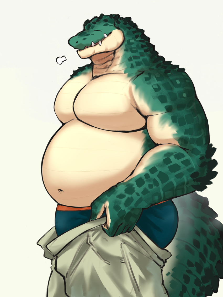 1boy =_= bara big_belly bulge crocodile_boy dressing edging_underwear fangs feet_out_of_frame from_side furry furry_male galos_(sonchai) green_male_underwear highres i've_never_seen_a_guy_recreate_this_successfully_tbh_(meme) large_pectorals lizardman male_focus male_underwear meme muscular muscular_male navel no_nipples open_pants original pants pants_lift pectorals reptile_boy short_hair sigh solo sonchai_(asha_sonchai173) stomach topless_male tusks undersized_clothes underwear