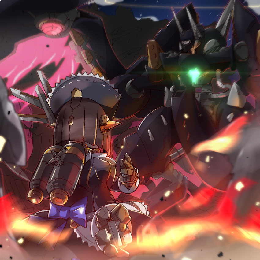 android battle dress energy_wings fighting_stance fire from_behind fukkatsu_saisei_kaijin gargoyle_(xenoblade) glowing highres jetpack lila_(xenoblade) maid maid_headdress mecha robot xenoblade_chronicles_(series) xenoblade_chronicles_2