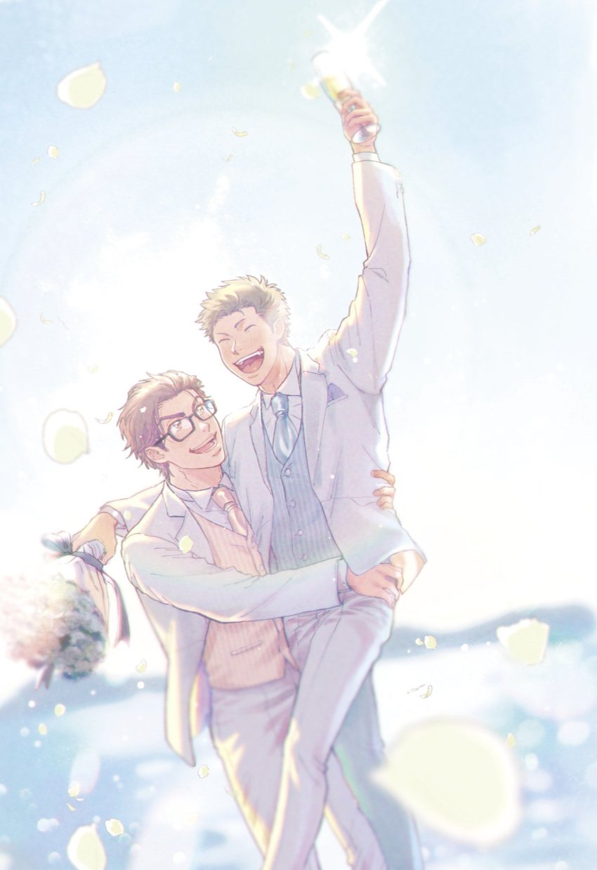 2boys ace_of_diamond blue_vest blush bouquet brown_eyes brown_hair carrying carrying_person chan_aet closed_eyes couple cup cupping_glass dark_green_hair day drinking_glass falling_petals flower formal glasses hand_up highres holding holding_bouquet holding_cup husband_and_husband jacket kuramochi_youichi light_rays looking_at_another male_focus miyuki_kazuya multiple_boys necktie open_clothes open_jacket open_mouth outdoors pants petals protected_link short_hair sideburns smile suit vest wedding white_jacket white_pants white_suit wine_glass yaoi yellow_vest