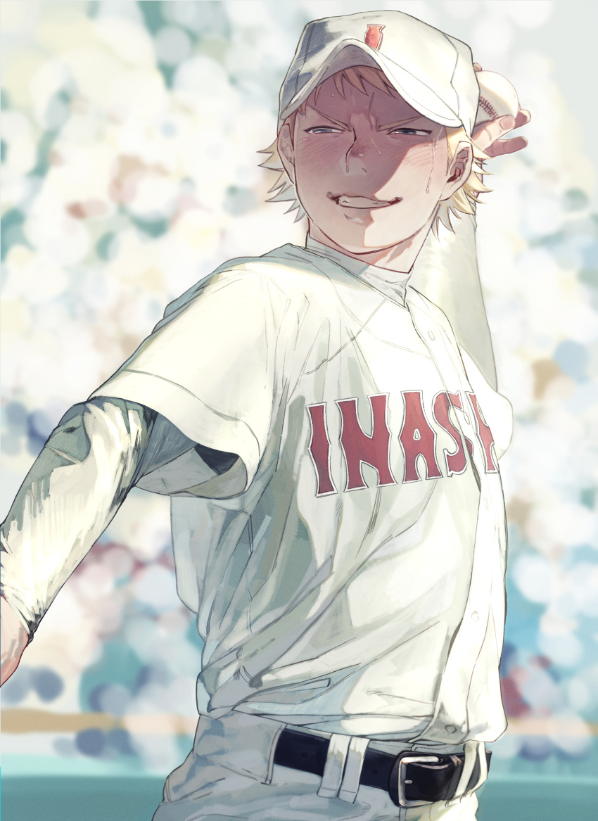 1boy absurdres ace_of_diamond ball baseball baseball_cap baseball_jersey belt belt_buckle black_belt blonde_hair blue_eyes blurry blurry_background blush bucket buckle day hat highres holding holding_ball jersey male_focus narumiya_mei outdoors pants polypumb_fr short_hair smile solo sportswear sweat teeth white_pants