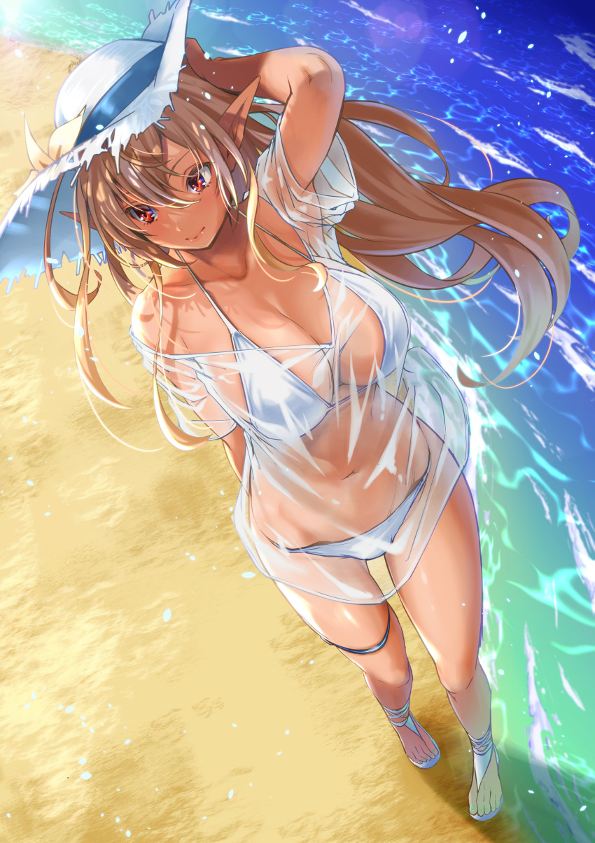 absurdres arm_up beach bikini bikini_under_clothes blonde_hair blush breasts cleavage closed_mouth dark-skinned_female dark_elf dark_skin dutch_angle elf female foreshortening full_body hair_between_eyes halterneck hat hat_ribbon highres hololive kimura_neito large_breasts long_hair looking_away multicolored_hair no_pants outdoors pointy_ears red_eyes ribbon sandals see-through see-through_shirt shiranui_flare shirt smile solo standing straw_hat streaked_hair string_bikini sun_hat swimsuit thigh_strap virtual_youtuber white_bikini