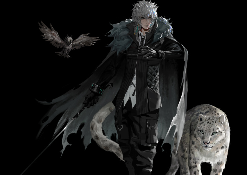 1boy animal animal_ears arknights bags_under_eyes belt bird black_gloves black_jacket black_necktie black_pants cape collared_shirt concealed_weapon cuffs diaodiao dress_shirt feet_out_of_frame fur_trim gloves grey_hair hair_ornament highres holding holding_sword holding_weapon jacket leopard_boy leopard_ears leopard_tail long_hair long_sleeves looking_at_viewer male_focus necktie pants photoshop_(medium) pocket shirt silverash_(arknights) simple_background standing sword sword_cane tail tenzin_(arknights) torn_cape torn_clothes unsheathed untucked_shirt weapon white_hair white_shirt zipper