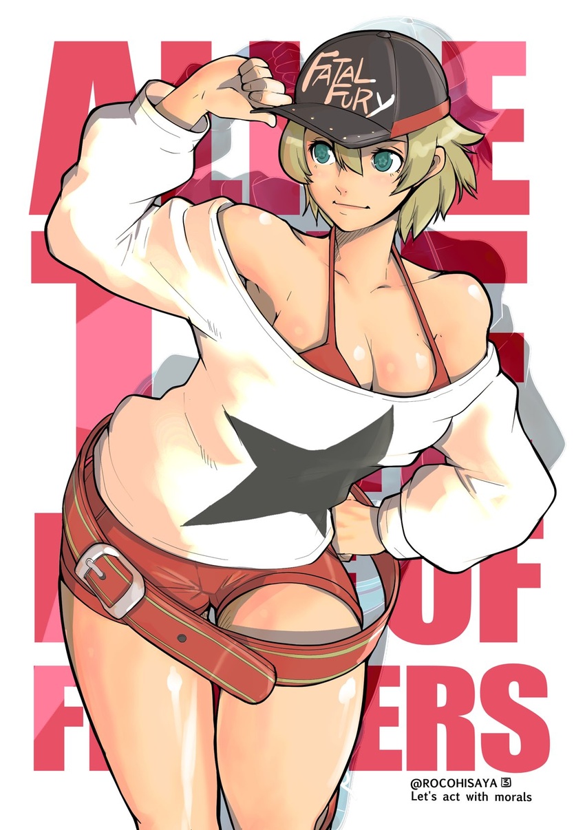 alice_garnet_nakata bare_shoulders baseball_cap bikini blonde_hair breasts cleavage collarbone fatal_fury fatal_fury_cap female green_eyes hat highres large_belt large_breasts loose_clothes loose_shirt rocohisaya shirt short_hair smile snk solo star_(symbol) swimsuit the_king_of_fighters the_king_of_fighters_xiv