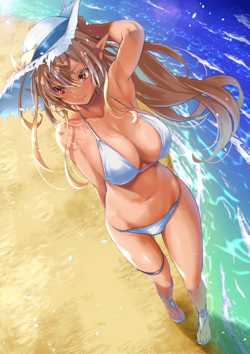 absurdres arm_up armpits beach bikini blonde_hair blush breasts cleavage closed_mouth dark-skinned_female dark_elf dark_skin dutch_angle elf female foreshortening full_body hair_between_eyes halterneck hat hat_ribbon highres hololive kimura_neito large_breasts long_hair looking_away multicolored_hair outdoors pointy_ears red_eyes ribbon sandals shiranui_flare smile solo standing straw_hat streaked_hair string_bikini sun_hat swimsuit thigh_strap virtual_youtuber white_bikini