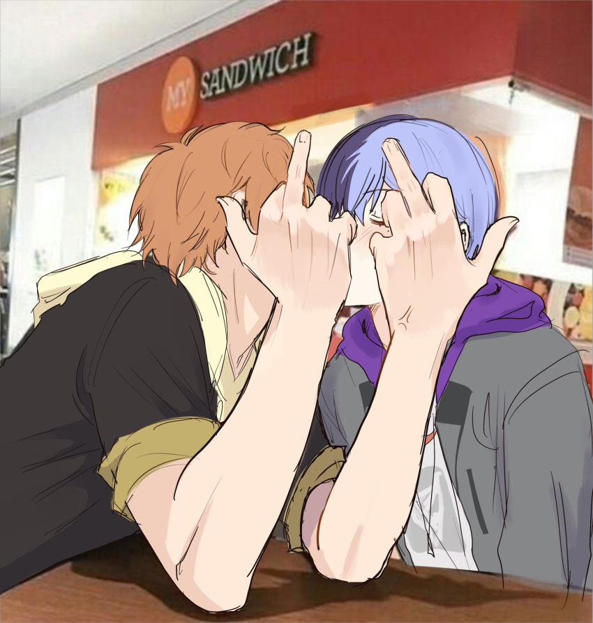 2boys adair_(juicelooped) aoyagi_touya blue_hair blush commentary covered_face dark_blue_hair double_middle_finger fingernails highres hood hood_down hooded_jacket jacket jewelry kissing male_focus middle_finger mole mole_under_eye multicolored_hair multiple_boys necklace one_eye_closed open_clothes open_jacket orange_hair project_sekai shinonome_akito sleeves_rolled_up split-color_hair symbol-only_commentary two-tone_hair upper_body yaoi